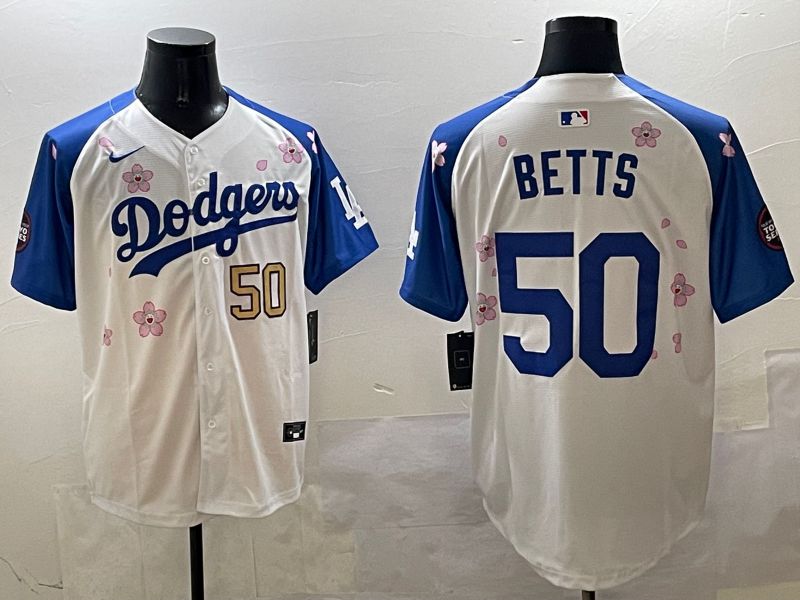 Men Los Angeles Dodgers #50 Betts White Blue Sakura Edition 2025 Nike MLB Jersey style 7